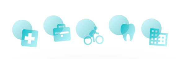 Health, suitcase, bicycle, tooth and construction icons, with a circle in the background